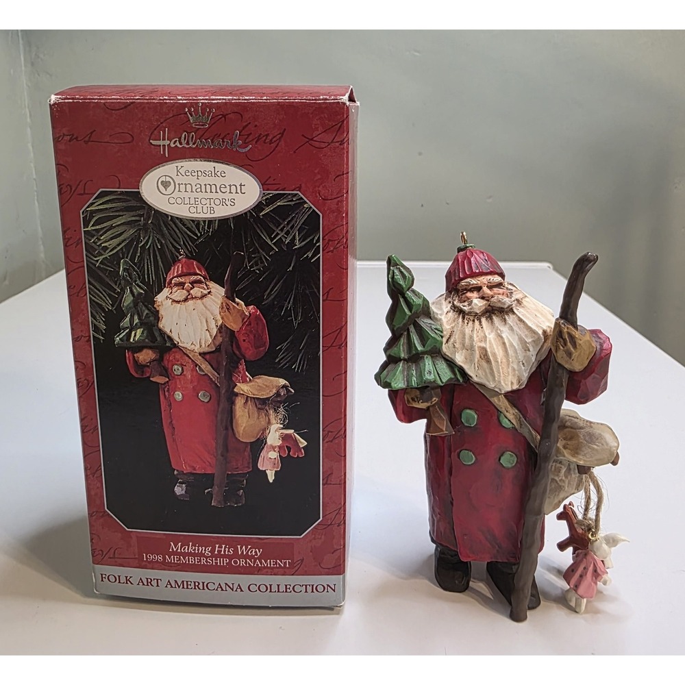 Vintage Hallmark 1998 Santa Ornament Folk Art Americana Club Boxed Christmas Dec